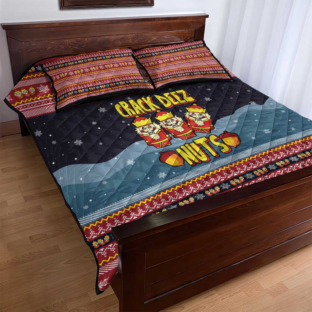 Funny Nutcracker Christmas Quilt Bed Set with Crack Deez Nuts Quote and Holiday Pattern Design - Wonder Print Shop