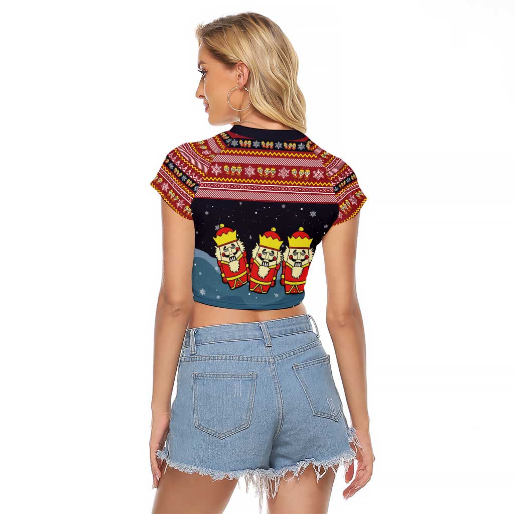 Funny Nutcracker Christmas Raglan Cropped T Shirt with Crack Deez Nuts Quote and Holiday Pattern Design - Wonder Print Shop