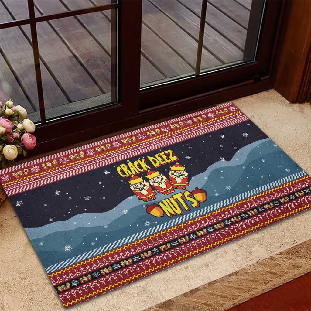 Funny Nutcracker Christmas Rubber Doormat with Crack Deez Nuts Quote and Holiday Pattern Design - Wonder Print Shop