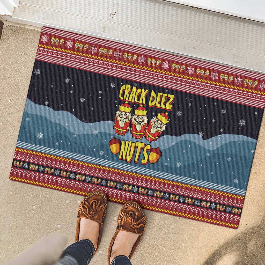 Funny Nutcracker Christmas Rubber Doormat with Crack Deez Nuts Quote and Holiday Pattern Design - Wonder Print Shop