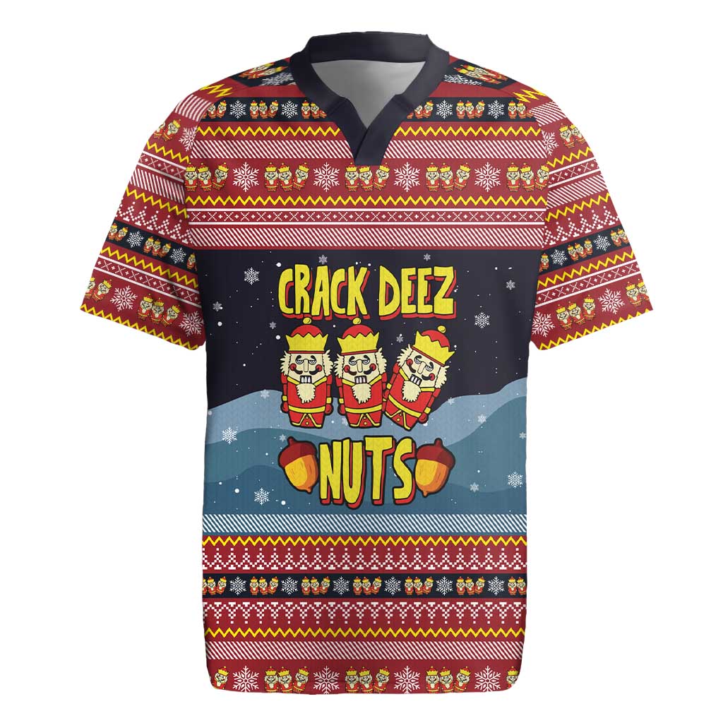 Funny Nutcracker Christmas Rugby Jersey with Crack Deez Nuts Quote and Holiday Pattern Design - Wonder Print Shop