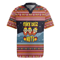 Funny Nutcracker Christmas Rugby Jersey with Crack Deez Nuts Quote and Holiday Pattern Design - Wonder Print Shop