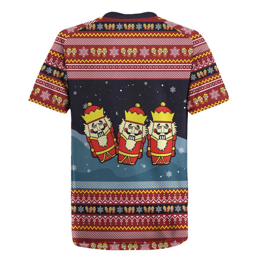 Funny Nutcracker Christmas Rugby Jersey with Crack Deez Nuts Quote and Holiday Pattern Design - Wonder Print Shop