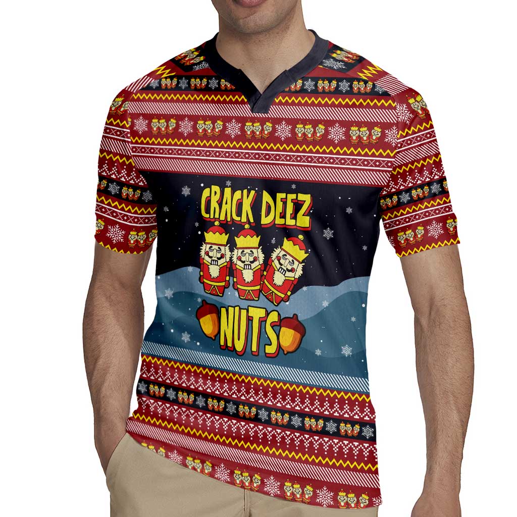 Funny Nutcracker Christmas Rugby Jersey with Crack Deez Nuts Quote and Holiday Pattern Design - Wonder Print Shop