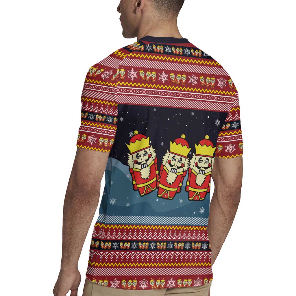 Funny Nutcracker Christmas Rugby Jersey with Crack Deez Nuts Quote and Holiday Pattern Design - Wonder Print Shop