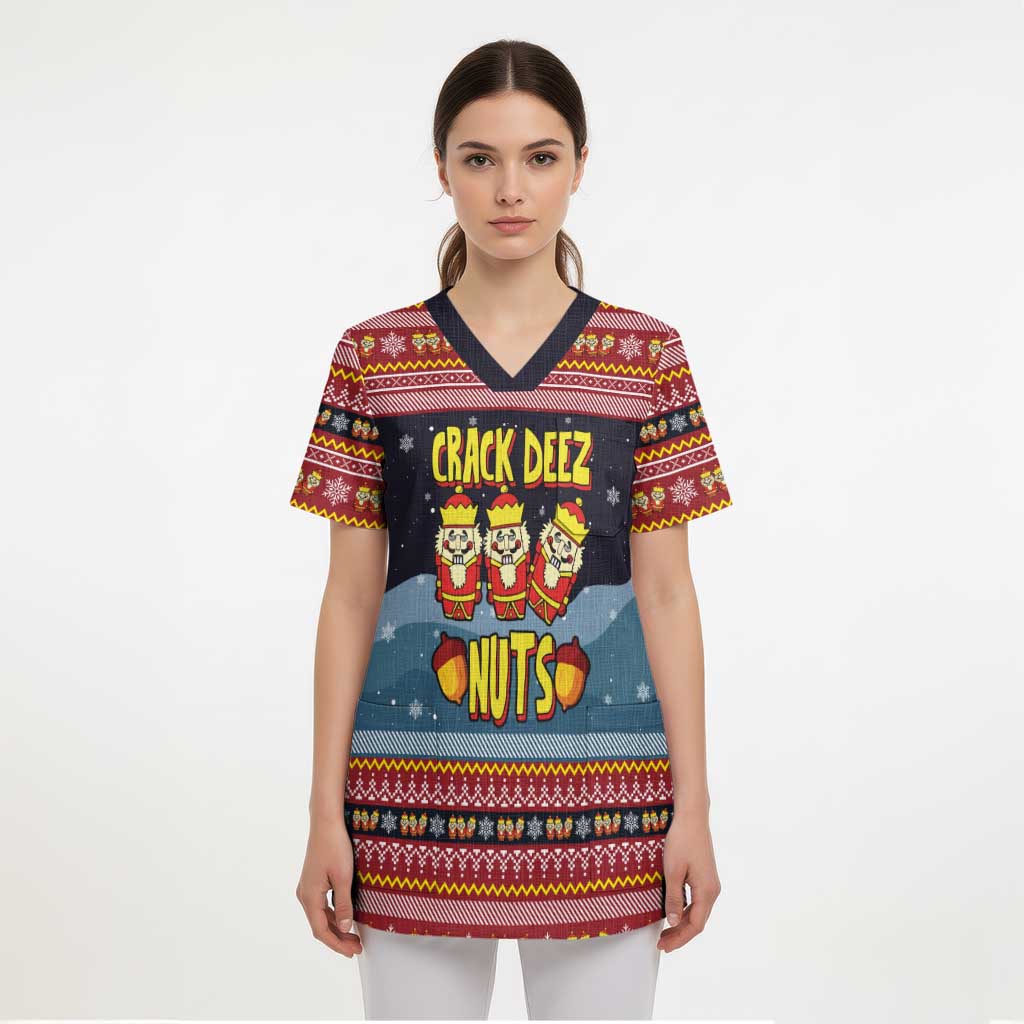 Funny Nutcracker Christmas Scrub Top with Crack Deez Nuts Quote and Holiday Pattern Design - Wonder Print Shop