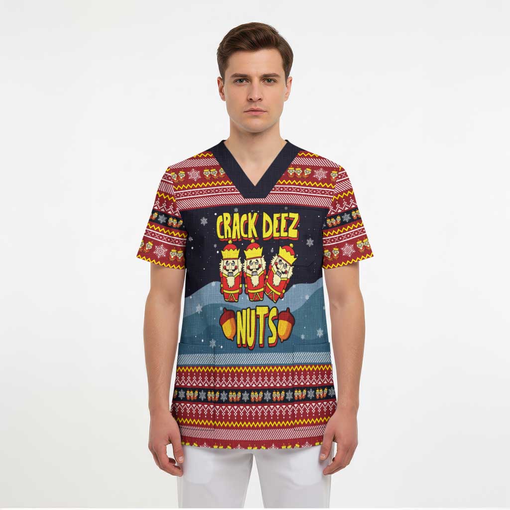Funny Nutcracker Christmas Scrub Top with Crack Deez Nuts Quote and Holiday Pattern Design - Wonder Print Shop