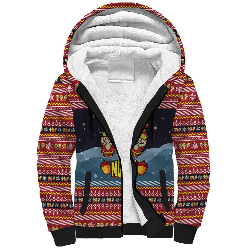 Funny Nutcracker Christmas Sherpa Hoodie with Crack Deez Nuts Quote and Holiday Pattern Design - Wonder Print Shop