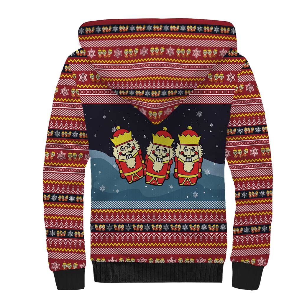 Funny Nutcracker Christmas Sherpa Hoodie with Crack Deez Nuts Quote and Holiday Pattern Design - Wonder Print Shop