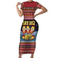 Funny Nutcracker Christmas Short Sleeve Bodycon Dress with Crack Deez Nuts Quote and Holiday Pattern Design - Wonder Print Shop