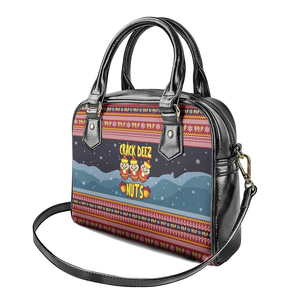 Funny Nutcracker Christmas Shoulder Handbag with Crack Deez Nuts Quote and Holiday Pattern Design - Wonder Print Shop