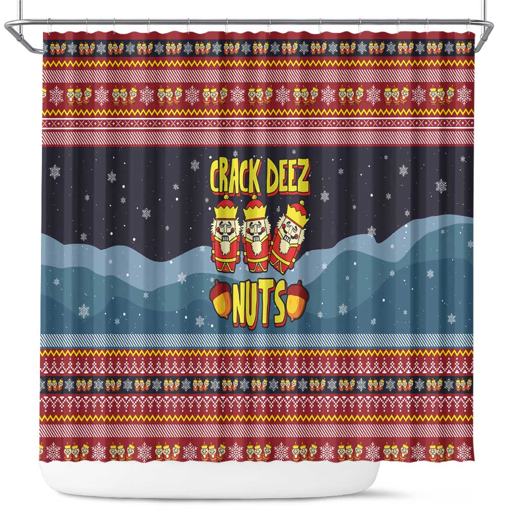 Funny Nutcracker Christmas Shower Curtain with Crack Deez Nuts Quote and Holiday Pattern Design - Wonder Print Shop