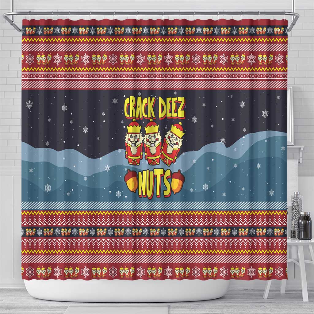 Funny Nutcracker Christmas Shower Curtain with Crack Deez Nuts Quote and Holiday Pattern Design - Wonder Print Shop