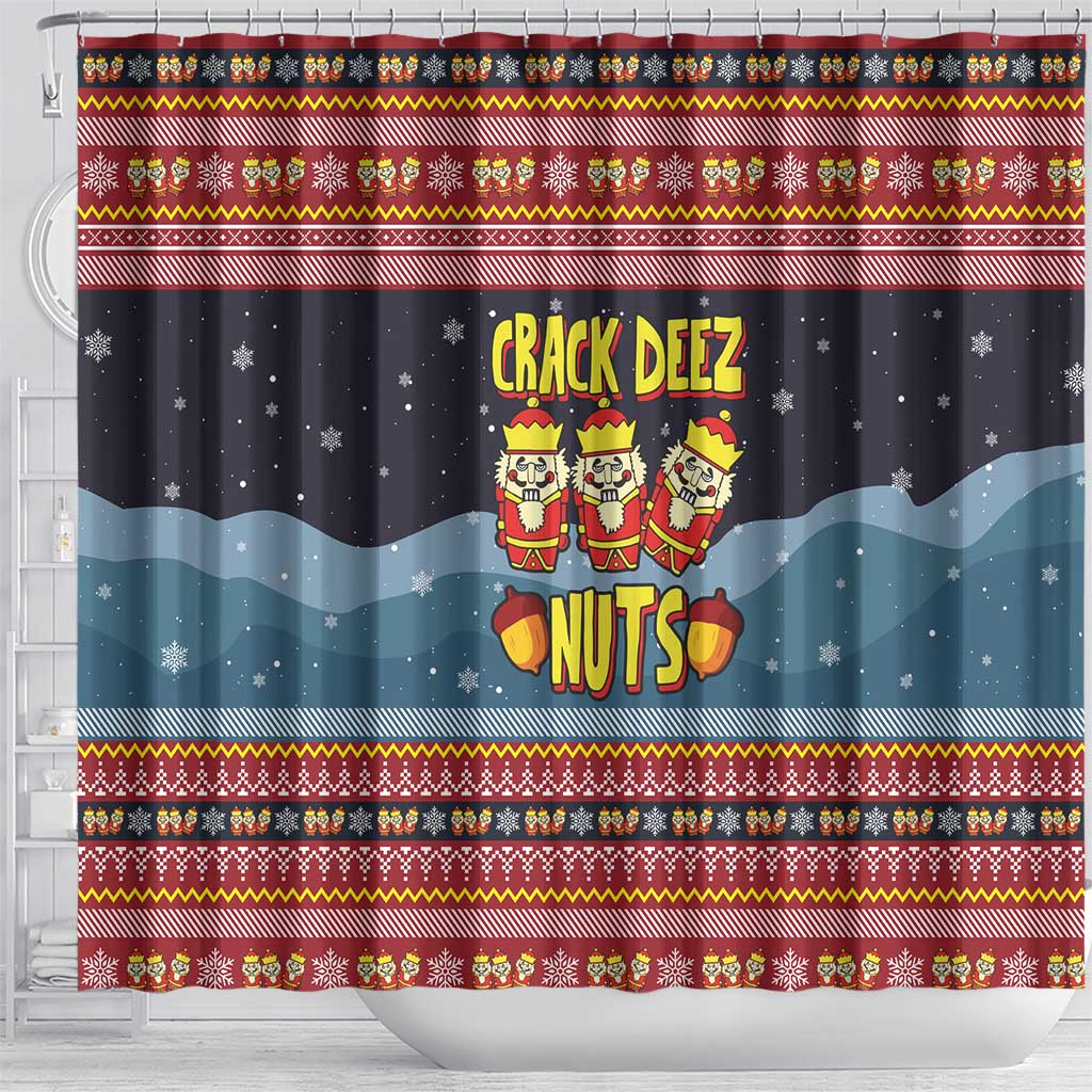 Funny Nutcracker Christmas Shower Curtain with Crack Deez Nuts Quote and Holiday Pattern Design - Wonder Print Shop
