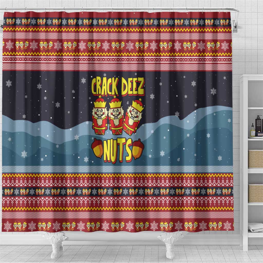 Funny Nutcracker Christmas Shower Curtain with Crack Deez Nuts Quote and Holiday Pattern Design - Wonder Print Shop