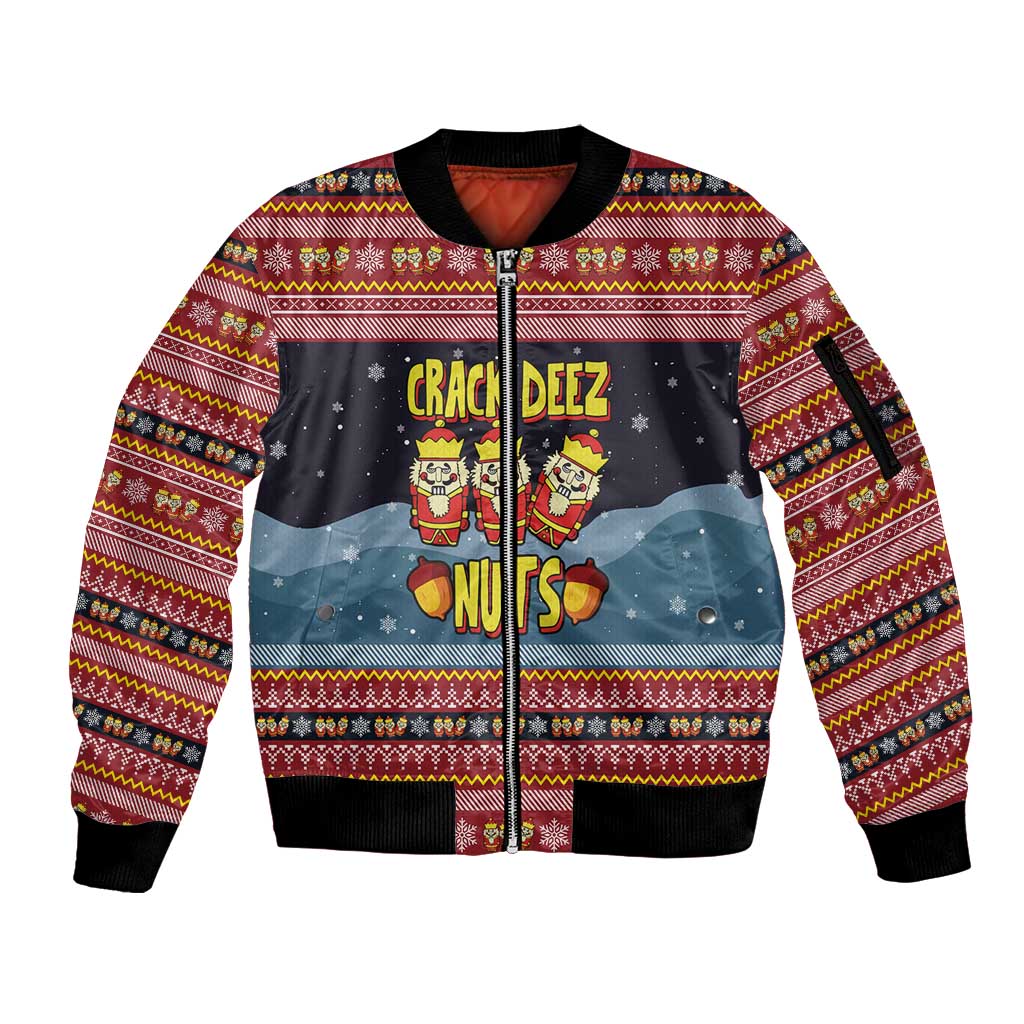 Funny Nutcracker Christmas Sleeve Zip Bomber Jacket with Crack Deez Nuts Quote and Holiday Pattern Design - Wonder Print Shop