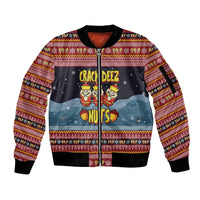 Funny Nutcracker Christmas Sleeve Zip Bomber Jacket with Crack Deez Nuts Quote and Holiday Pattern Design - Wonder Print Shop