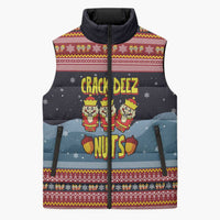 Funny Nutcracker Christmas Sleeveless Puffer Jacket with Crack Deez Nuts Quote and Holiday Pattern Design - Wonder Print Shop