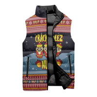 Funny Nutcracker Christmas Sleeveless Puffer Jacket with Crack Deez Nuts Quote and Holiday Pattern Design - Wonder Print Shop