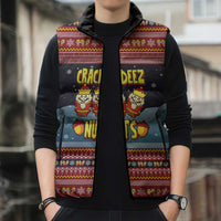 Funny Nutcracker Christmas Sleeveless Puffer Jacket with Crack Deez Nuts Quote and Holiday Pattern Design - Wonder Print Shop