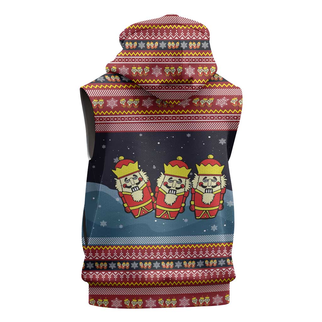 Funny Nutcracker Christmas Sleeveless Zip Hoodie with Crack Deez Nuts Quote and Holiday Pattern Design - Wonder Print Shop