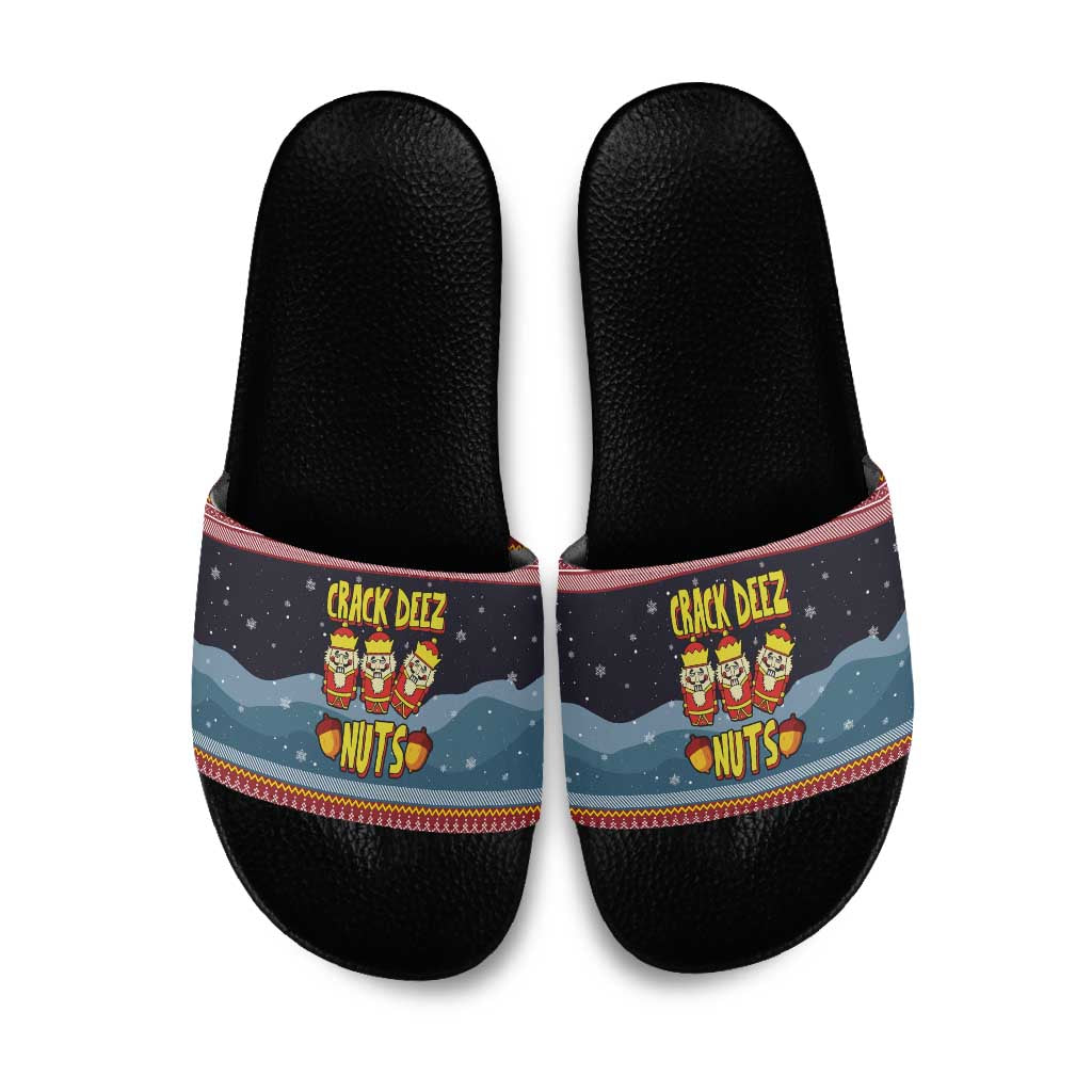 Funny Nutcracker Christmas Slide Sandals with Crack Deez Nuts Quote and Holiday Pattern Design - Wonder Print Shop