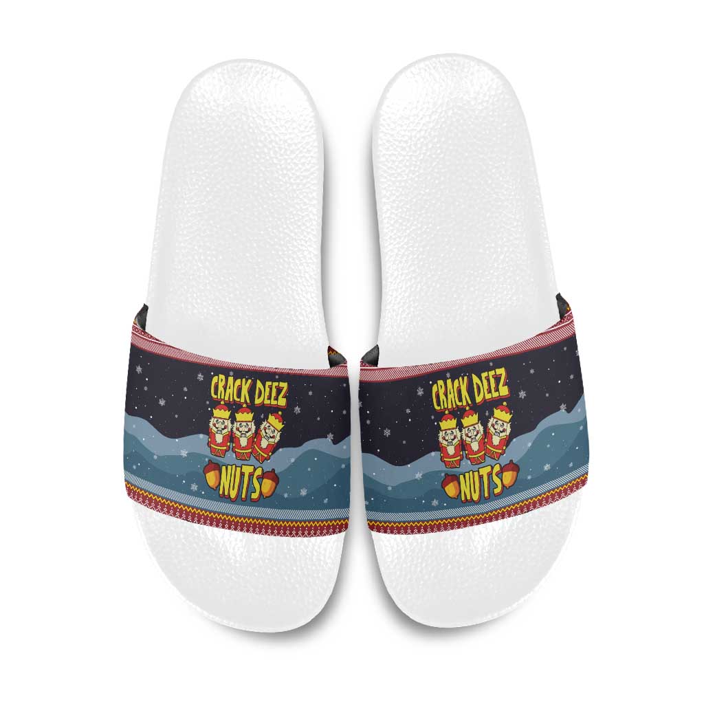Funny Nutcracker Christmas Slide Sandals with Crack Deez Nuts Quote and Holiday Pattern Design - Wonder Print Shop