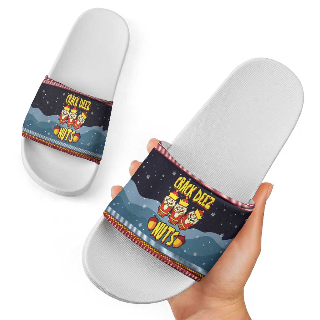 Funny Nutcracker Christmas Slide Sandals with Crack Deez Nuts Quote and Holiday Pattern Design - Wonder Print Shop