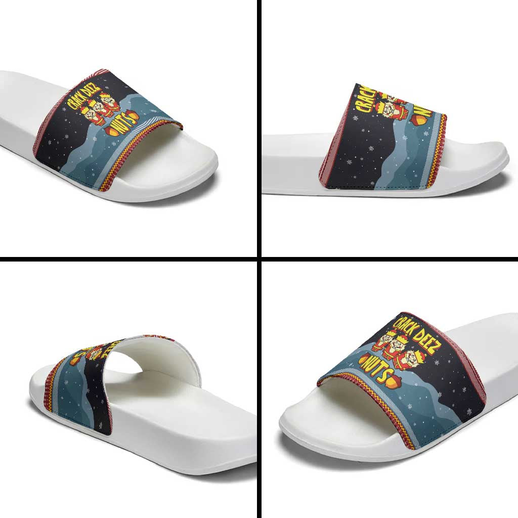 Funny Nutcracker Christmas Slide Sandals with Crack Deez Nuts Quote and Holiday Pattern Design - Wonder Print Shop