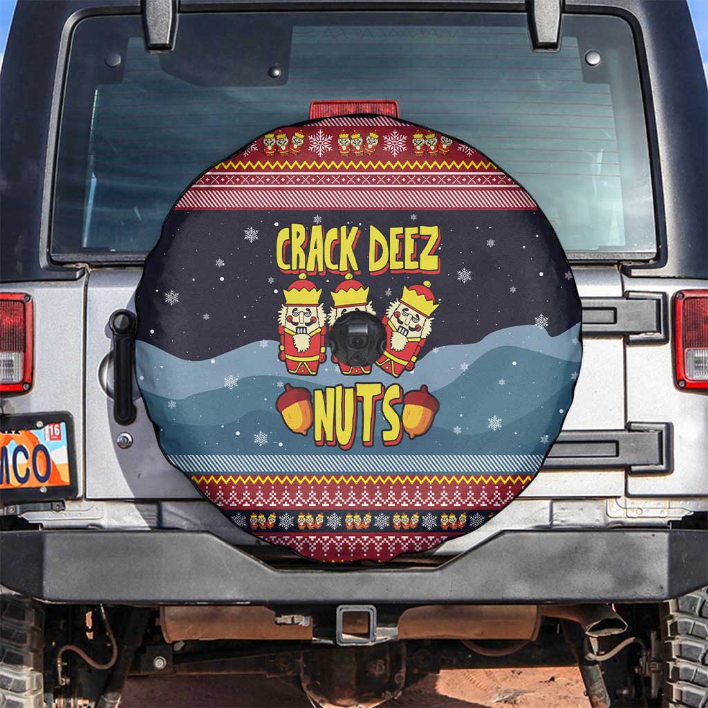 Funny Nutcracker Christmas Spare Tire Cover with Crack Deez Nuts Quote and Holiday Pattern Design - Wonder Print Shop
