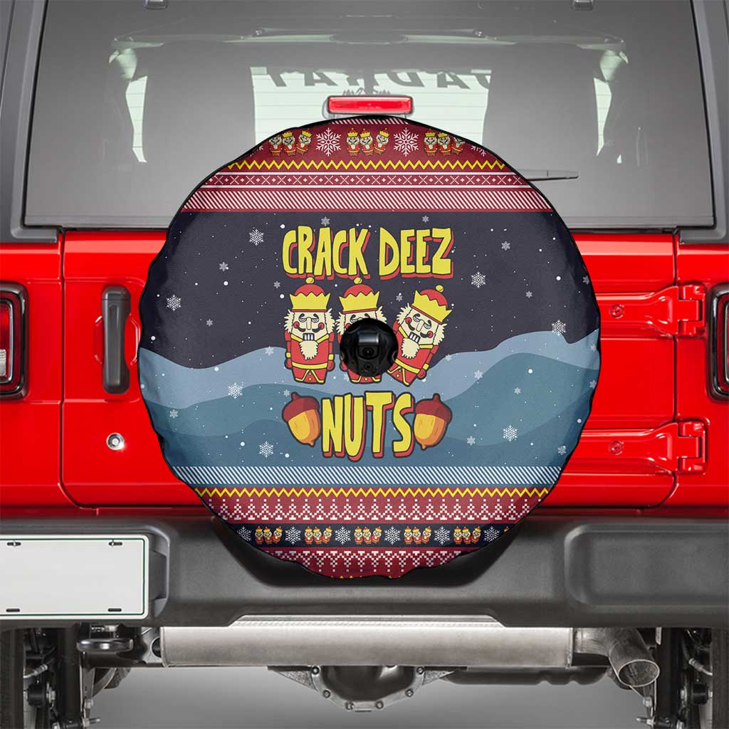 Funny Nutcracker Christmas Spare Tire Cover with Crack Deez Nuts Quote and Holiday Pattern Design - Wonder Print Shop