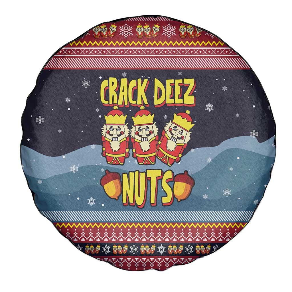 Funny Nutcracker Christmas Spare Tire Cover with Crack Deez Nuts Quote and Holiday Pattern Design - Wonder Print Shop