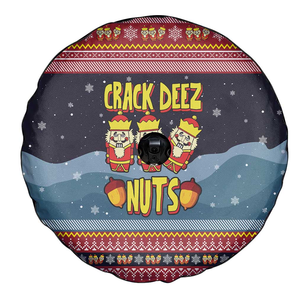 Funny Nutcracker Christmas Spare Tire Cover with Crack Deez Nuts Quote and Holiday Pattern Design - Wonder Print Shop