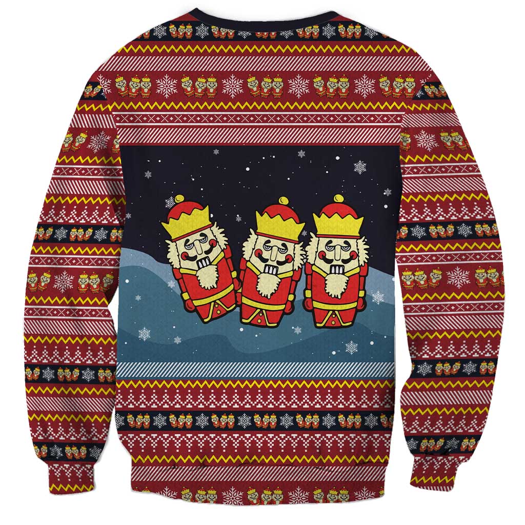 Funny Nutcracker Christmas Sweatshirt with Crack Deez Nuts Quote and Holiday Pattern Design - Wonder Print Shop