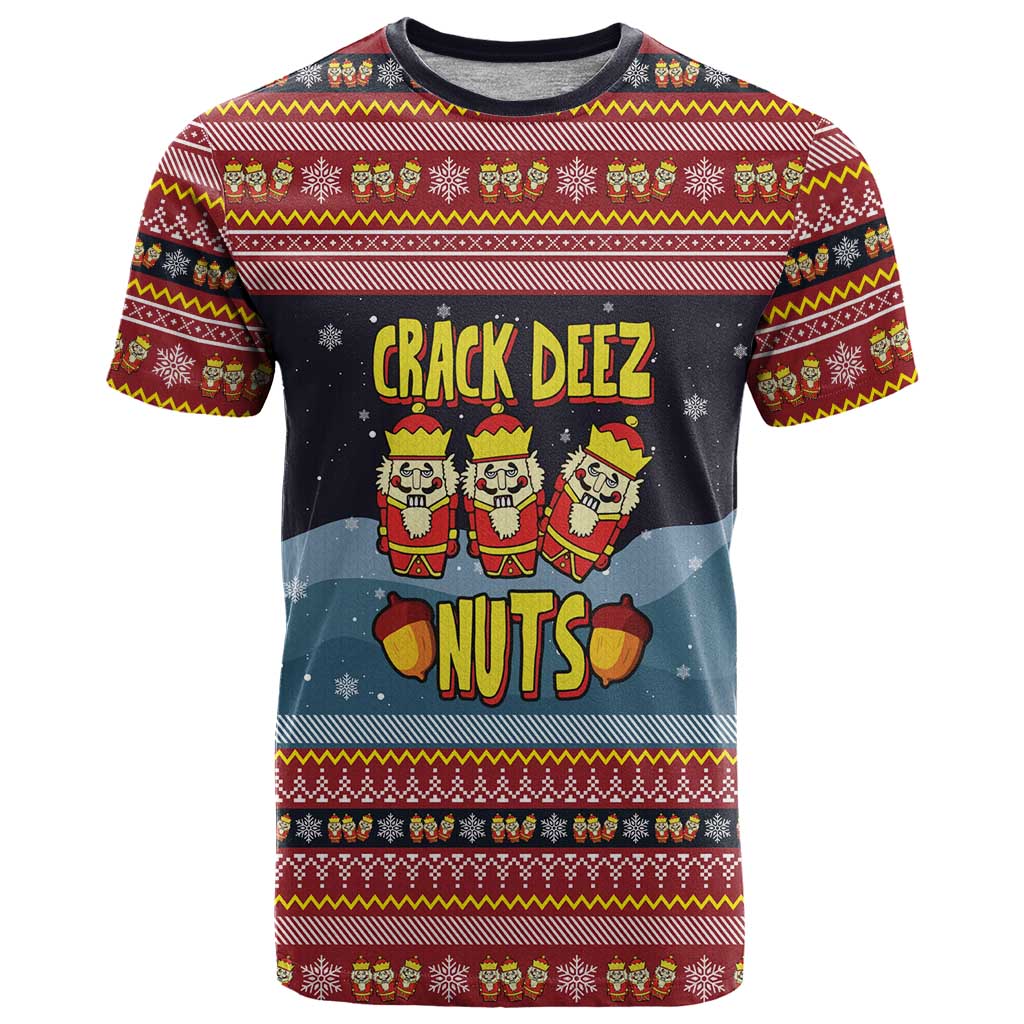 Funny Nutcracker Christmas T Shirt with Crack Deez Nuts Quote and Holiday Pattern Design - Wonder Print Shop
