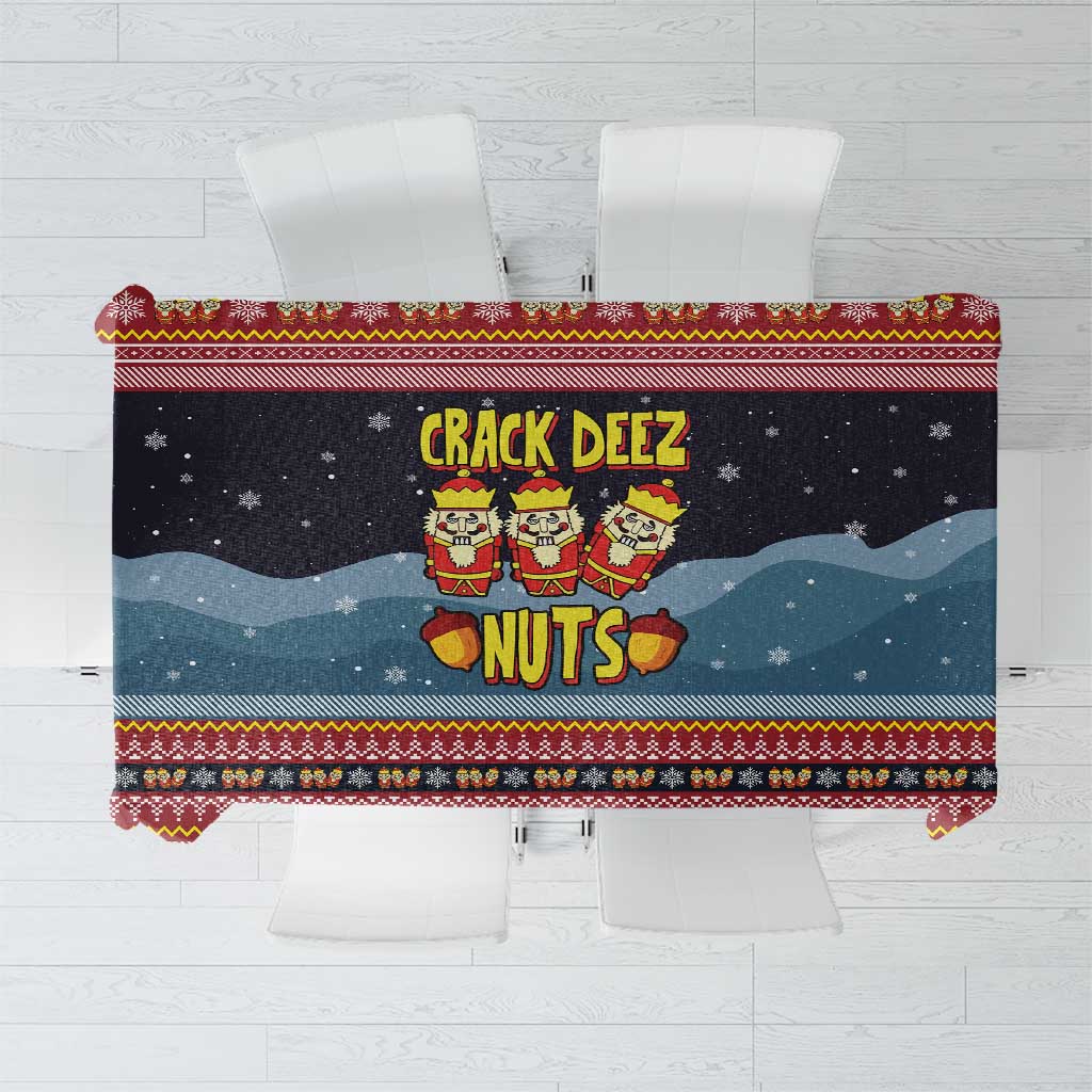 Funny Nutcracker Christmas Tablecloth with Crack Deez Nuts Quote and Holiday Pattern Design - Wonder Print Shop