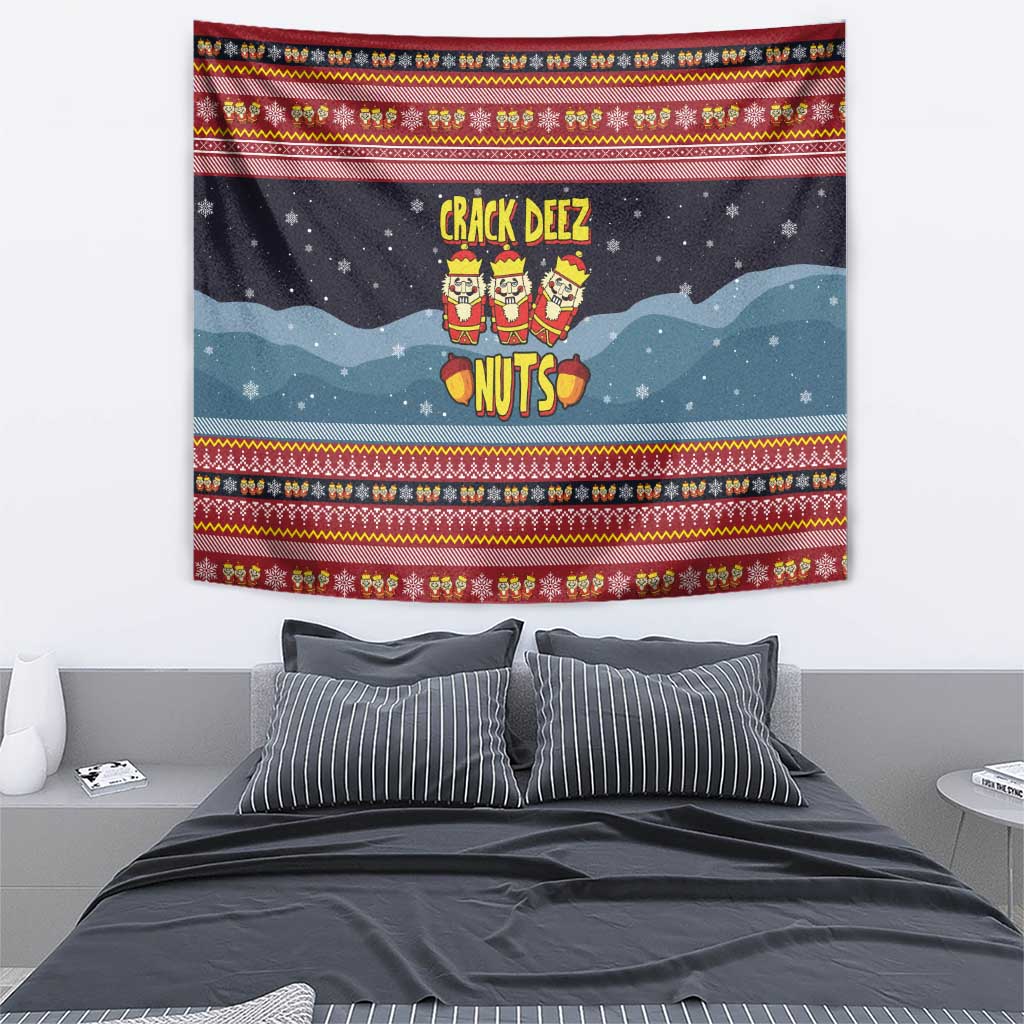 Funny Nutcracker Christmas Tapestry with Crack Deez Nuts Quote and Holiday Pattern Design - Wonder Print Shop