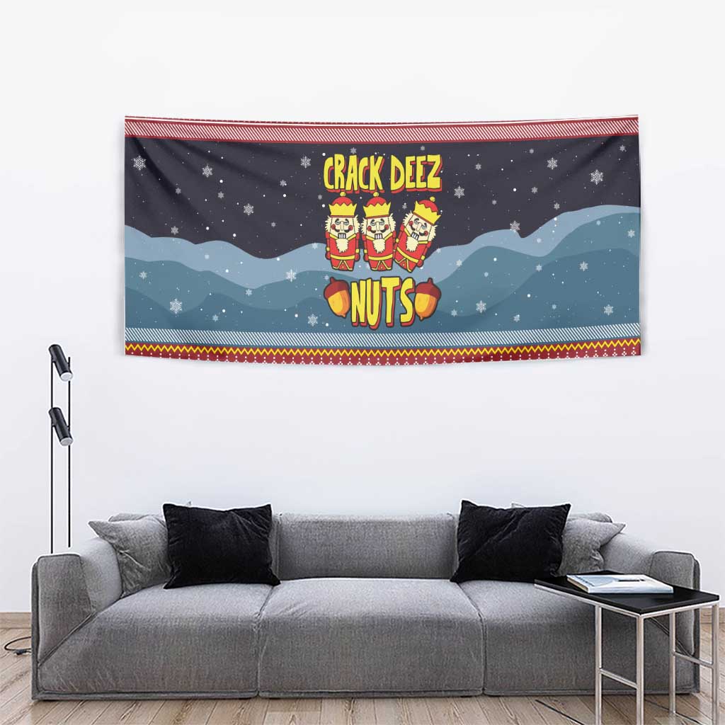 Funny Nutcracker Christmas Tapestry with Crack Deez Nuts Quote and Holiday Pattern Design - Wonder Print Shop