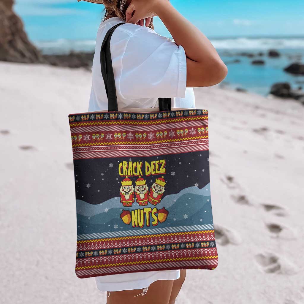 Funny Nutcracker Christmas Tote Bag with Crack Deez Nuts Quote and Holiday Pattern Design - Wonder Print Shop