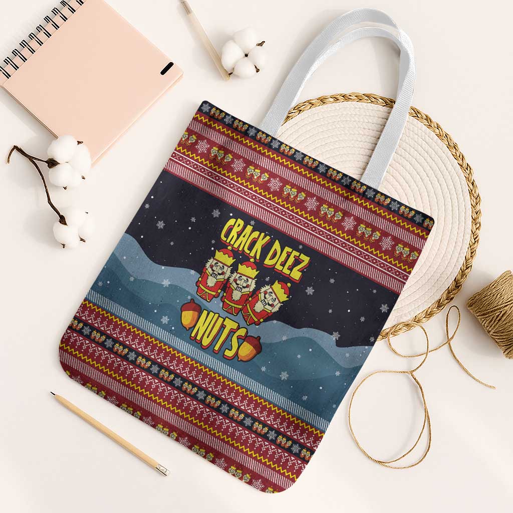 Funny Nutcracker Christmas Tote Bag with Crack Deez Nuts Quote and Holiday Pattern Design - Wonder Print Shop