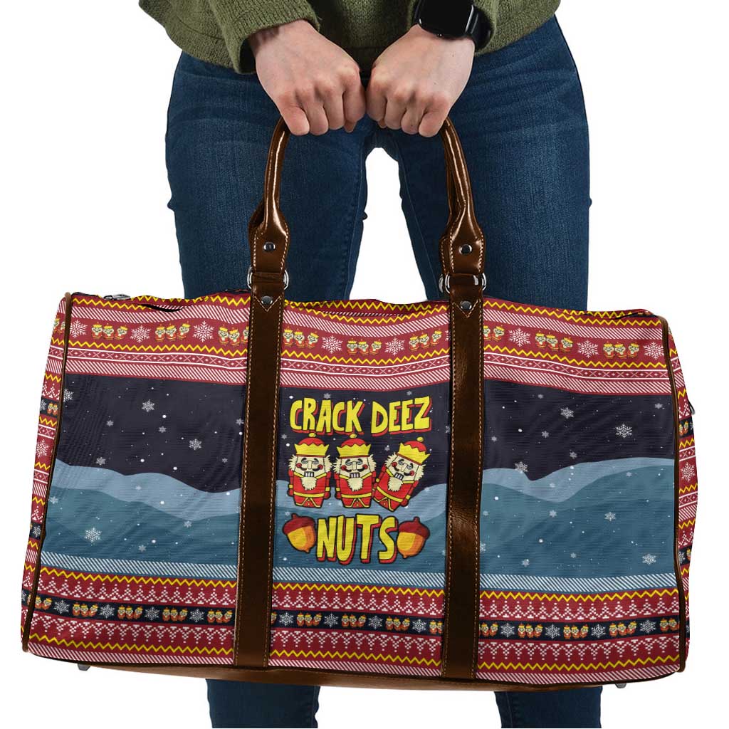 Funny Nutcracker Christmas Travel Bag with Crack Deez Nuts Quote and Holiday Pattern Design - Wonder Print Shop