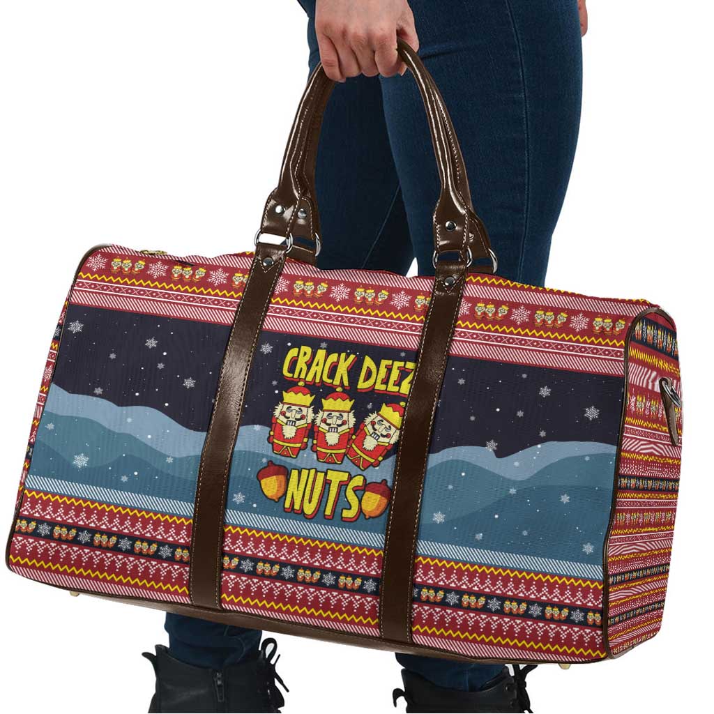 Funny Nutcracker Christmas Travel Bag with Crack Deez Nuts Quote and Holiday Pattern Design - Wonder Print Shop