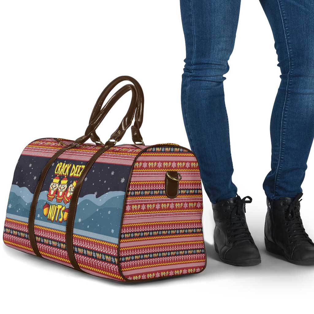 Funny Nutcracker Christmas Travel Bag with Crack Deez Nuts Quote and Holiday Pattern Design - Wonder Print Shop