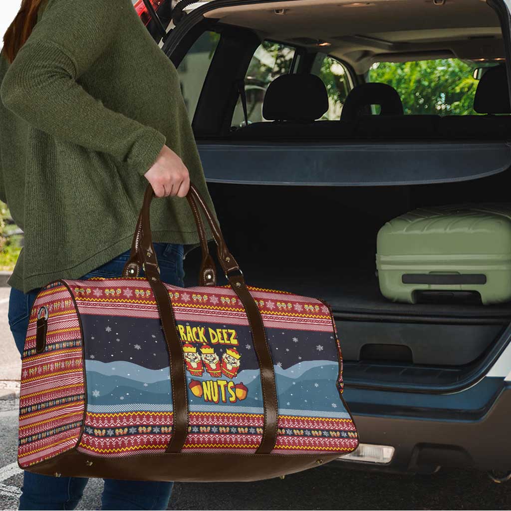 Funny Nutcracker Christmas Travel Bag with Crack Deez Nuts Quote and Holiday Pattern Design - Wonder Print Shop