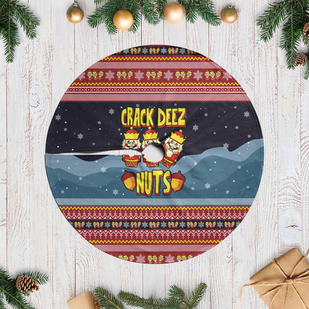Funny Nutcracker Christmas Tree Skirt with Crack Deez Nuts Quote and Holiday Pattern Design - Wonder Print Shop