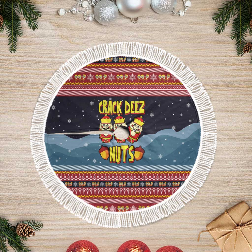 Funny Nutcracker Christmas Tree Skirt with Crack Deez Nuts Quote and Holiday Pattern Design - Wonder Print Shop