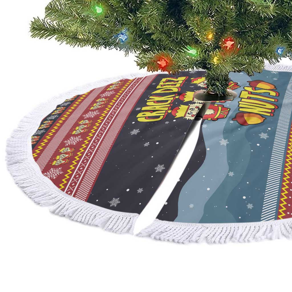 Funny Nutcracker Christmas Tree Skirt with Crack Deez Nuts Quote and Holiday Pattern Design - Wonder Print Shop