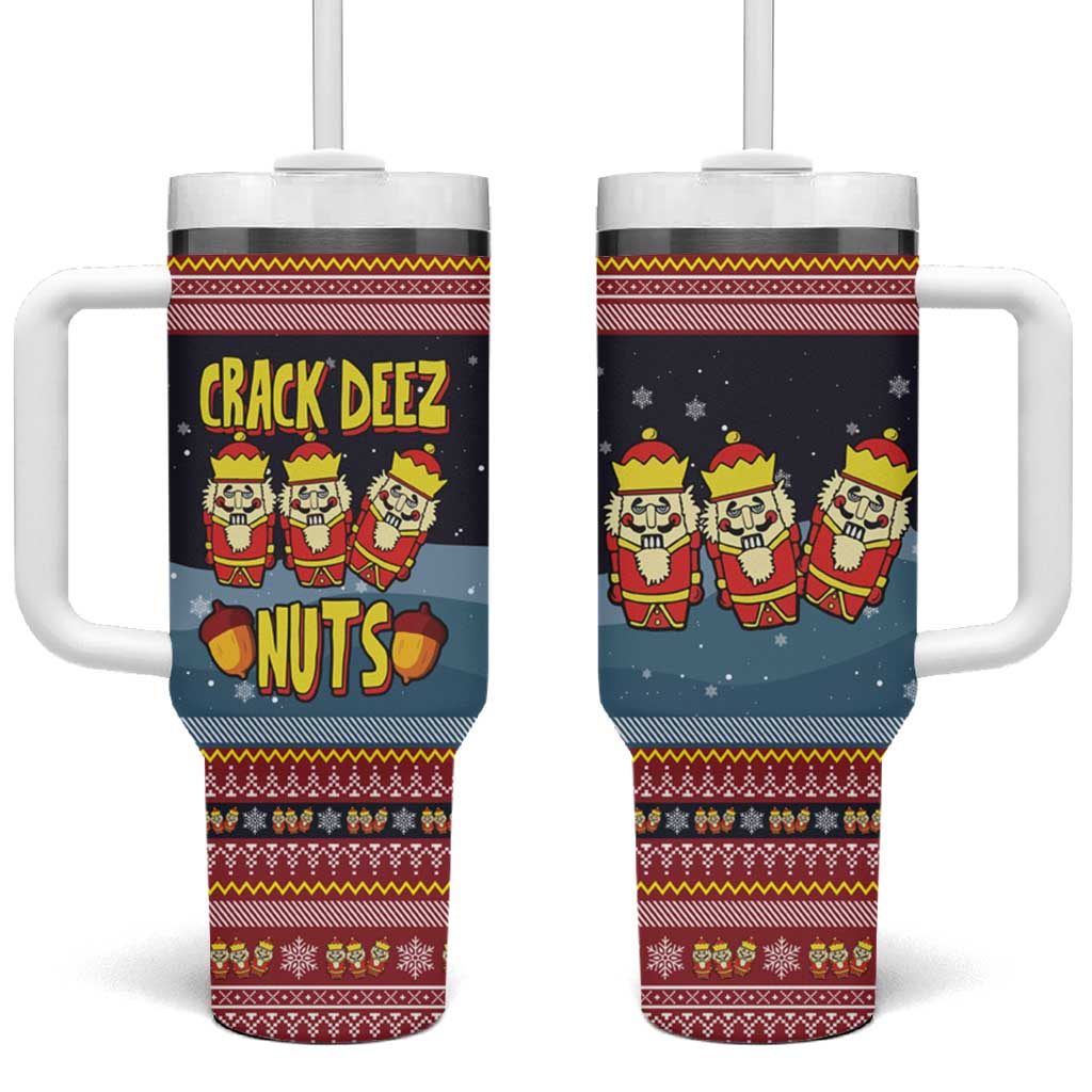 Funny Nutcracker Christmas Tumbler With Handle with Crack Deez Nuts Quote and Holiday Pattern Design - Wonder Print Shop