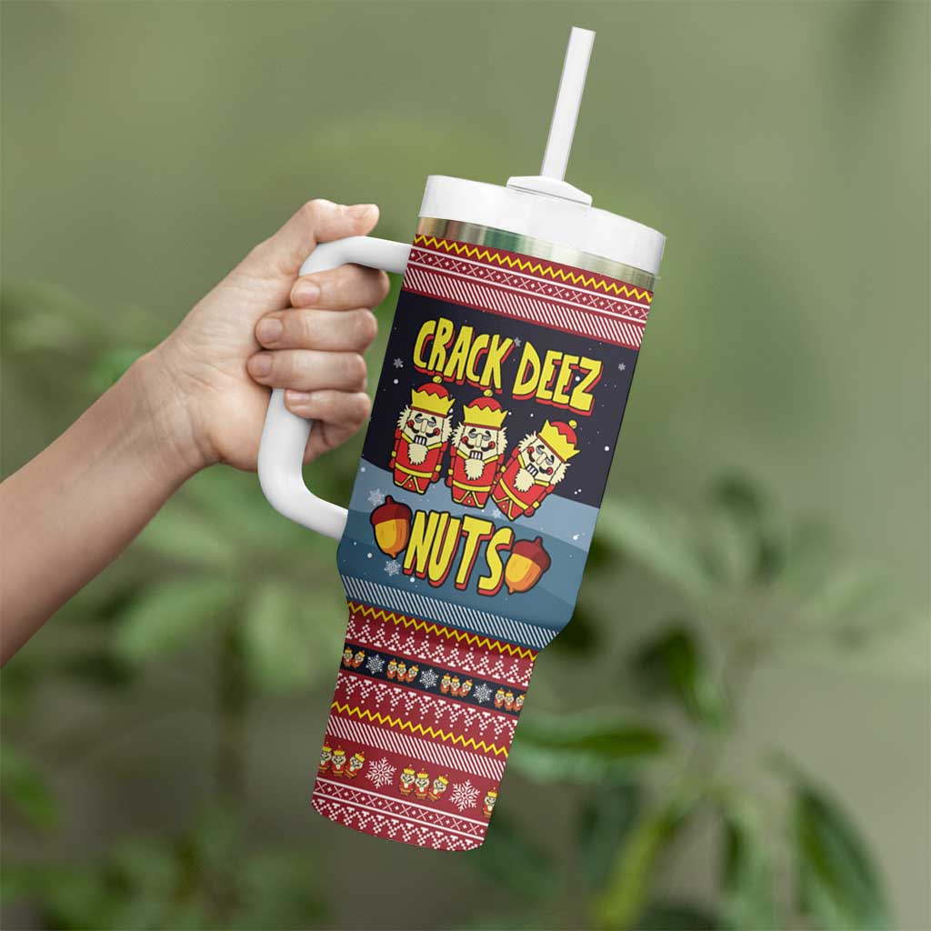 Funny Nutcracker Christmas Tumbler With Handle with Crack Deez Nuts Quote and Holiday Pattern Design - Wonder Print Shop