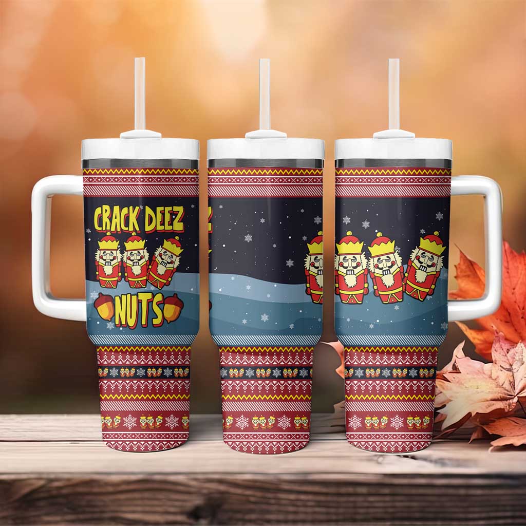Funny Nutcracker Christmas Tumbler With Handle with Crack Deez Nuts Quote and Holiday Pattern Design - Wonder Print Shop